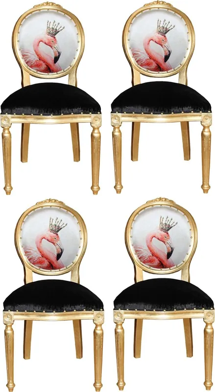 Casa Padrino Luxury Baroque Dining Room Set Flamingo with Crown Gold / Black / Multicolor 48 x 50 x H. 98 cm - 4 Handmade Dining Chairs with Bling Bling Rhinestones - Baroque Dining Room Furniture Neu