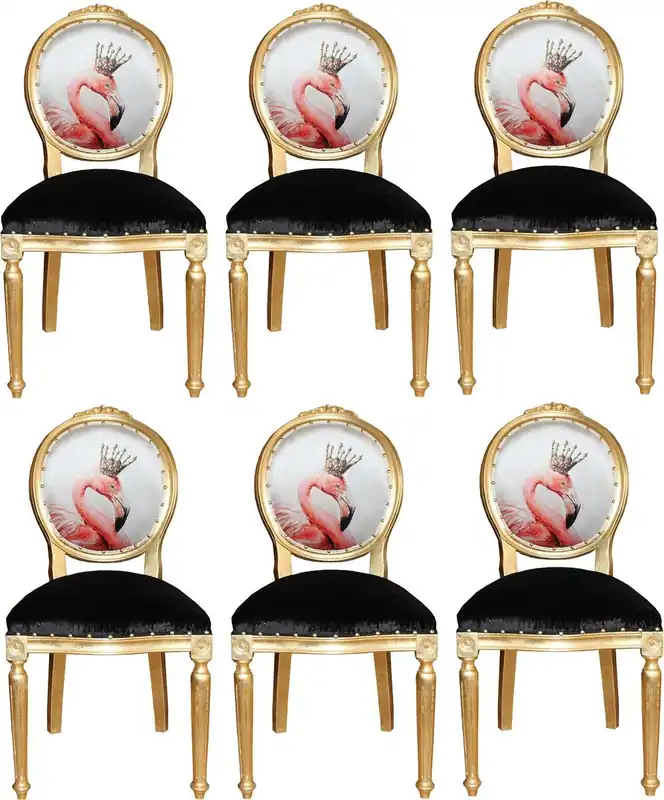 Super-Preis Casa Padrino Luxury Baroque Dining Room Set Flamingo with Crown Gold / Black / Multicolor 48 x 50 x H. 98 cm - 6 Handmade Dining Chairs with Bling Bling Rhinestones - Baroque Dining Room Furniture