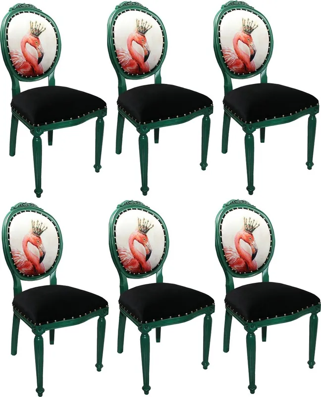 Sale Casa Padrino Luxury Baroque Dining Room Set Flamingo with Crown Green / Black / Multicolor 48 x 50 x H. 98 cm - 6 Handmade Dining Chairs with Bling Bling Rhinestones - Baroque Dining Room Furniture