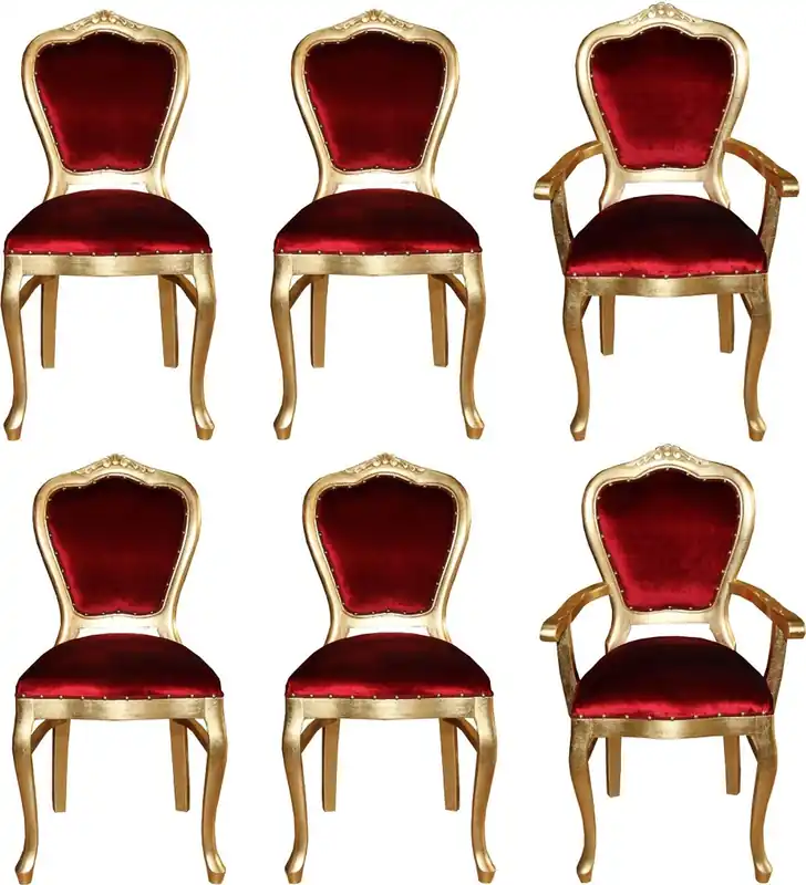 Top-Preis Casa Padrino Luxury Baroque Dining Room Set Bordeaux Red / Gold - 6 Handmade Dining Chairs - 2 Chairs with Armrests and 4 Chairs without Armrests - Baroque Dining Room Furniture