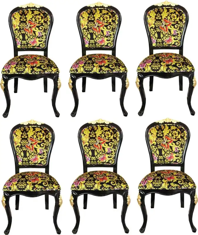 Geprüft Pompöös by Casa Padrino Luxury Baroque Dining Chairs Butterflies & Flowers Multicolor / Black / Gold - Pompöös Baroque Chairs designed by Harald Glööckler - 6 Dining Chairs - Baroque Dining Room Furniture