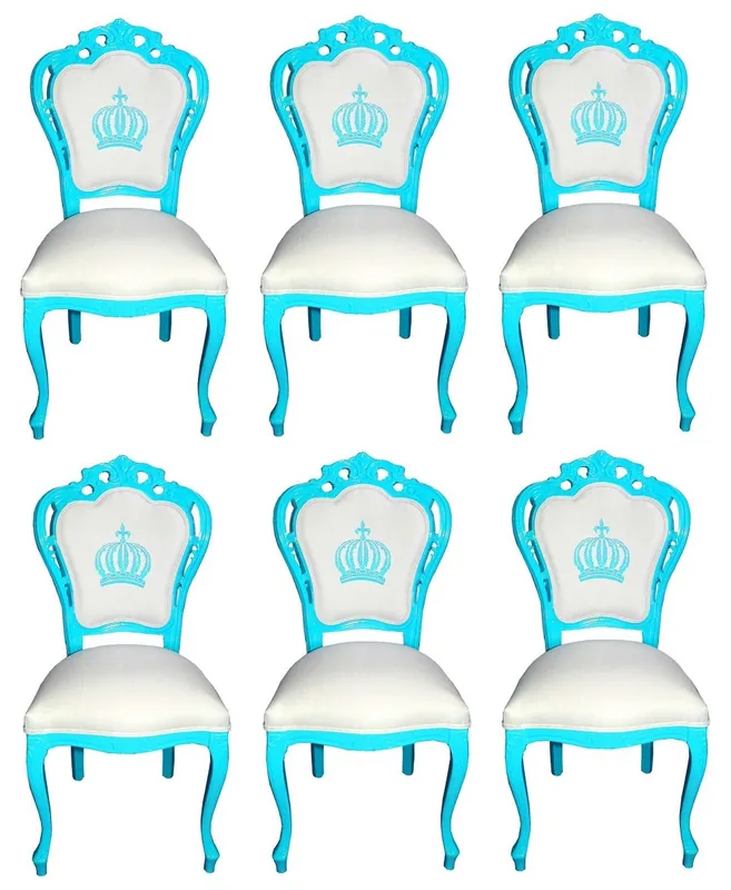 Pompöös by Casa Padrino Luxury Baroque Dining Chairs White / Turquoise - Pompöös Baroque Chairs designed by Harald Glööckler - 6 Dining Chairs - Baroque Dining Room Furniture Geprüft