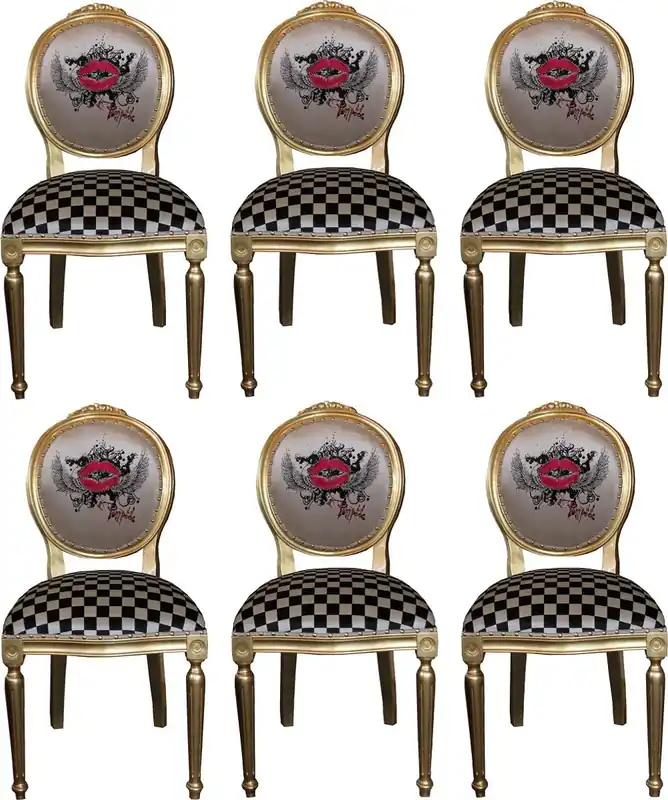 Pompöös by Casa Padrino Luxury Baroque Dining Chairs Red Lips Cream / Plaid / Gold - Pompöös Baroque Chairs designed by Harald Glööckler - 6 Dining Chairs Markenprodukt