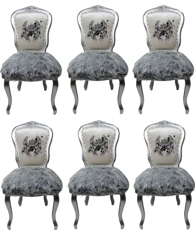 Saisonangebot Pompöös by Casa Padrino Luxury Baroque Dining Chairs Crown White / Gray / Silver - Pompöös Baroque Chairs designed by Harald Glööckler - 6 Dining Chairs with Faux Fur