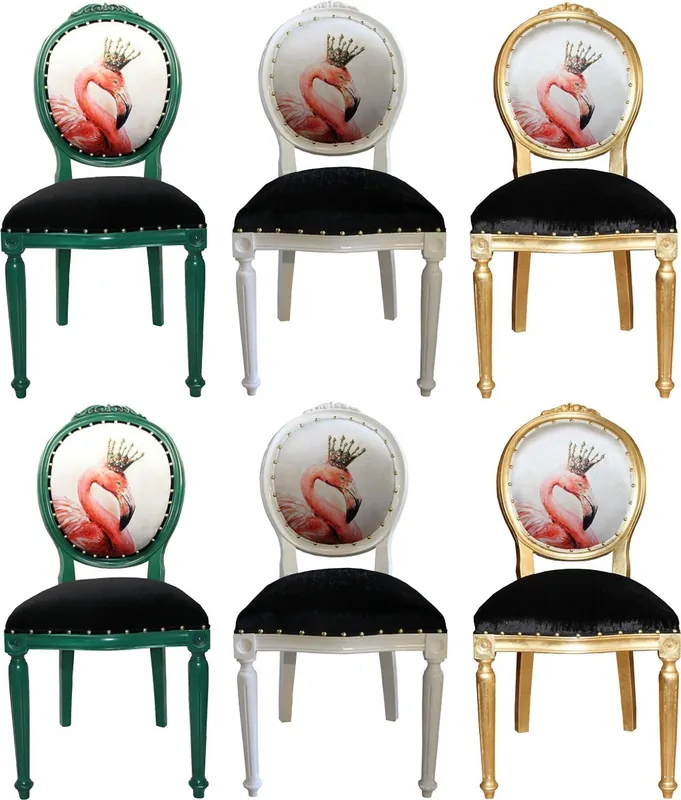 Casa Padrino Luxury Baroque Dining Room Set Flamingo with Crown Green / White / Gold 48 x 50 x H. 98 cm - 6 Handmade Dining Chairs with Bling Bling Rhinestones - Baroque Dining Room Furniture Direktkauf