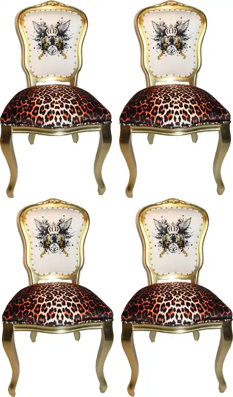 Pompöös by Casa Padrino Luxury Baroque Dining Chairs Glitter Crown & Angel Wing Leopard / White / Gold 50 x 60 x H.104 cm - Pompöös Baroque Chairs designed by Harald Glööckler - 4 Dining Chairs Heißes Angebot