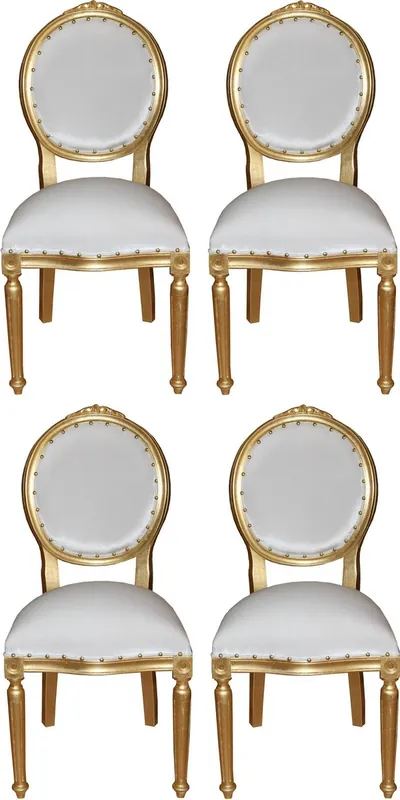 Sonderaktion Casa Padrino Luxury Baroque Dining Room Set Medallion White / Gold 50 x 52 x H. 99 cm - 4 Handmade Dining Chairs - Baroque Dining Room Furniture