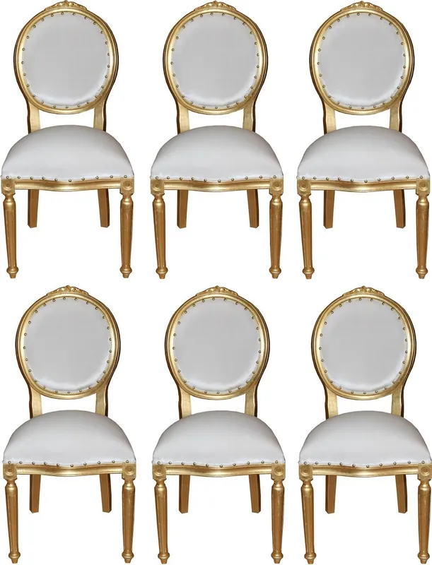 Preiswert Casa Padrino Luxury Baroque Dining Room Set Medallion White / Gold 50 x 52 x H. 99 cm - 6 Handmade Dining Chairs - Baroque Dining Room Furniture