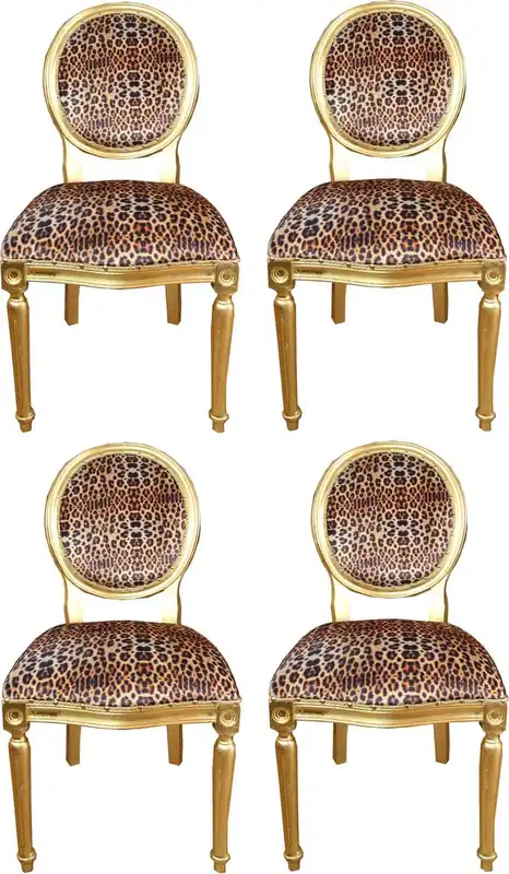 Casa Padrino Luxury Baroque Dining Room Set Medallion Leopard / Gold 50 x 52 x H. 99 cm - 4 Handmade Dining Chairs - Baroque Dining Room Furniture Must-Have