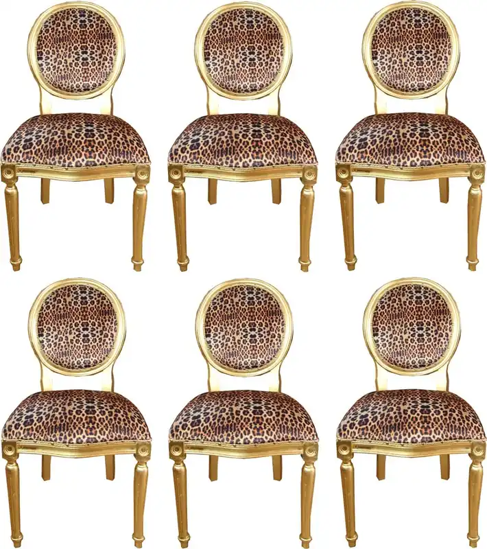 Casa Padrino Luxury Baroque Dining Room Set Medallion Leopard / Gold 50 x 52 x H. 99 cm - 6 Handmade Dining Chairs - Baroque Dining Room Furniture Bestpreis