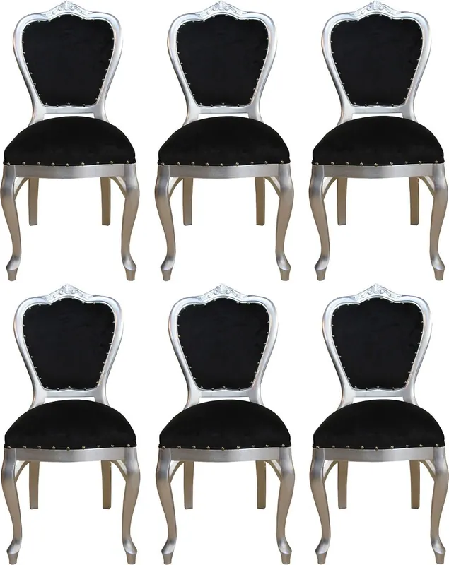 Kracherpreis Casa Padrino Luxury Baroque Dining Set Black / Silver 45 x 46 x H. 99 cm - 6 Handmade Dining Chairs - Baroque Dining Room Furniture