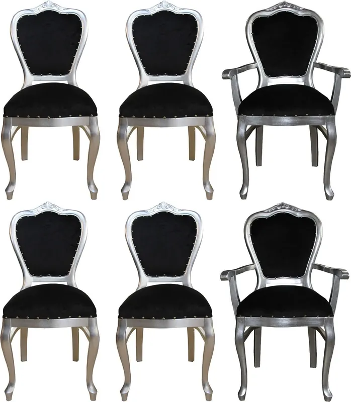 Casa Padrino Luxury Baroque Dining Room Set Black / Silver - 6 Handmade Dining Chairs - 2 Chairs with Armrests and 4 Chairs without Armrests - Baroque Dining Room Furniture Geprüft