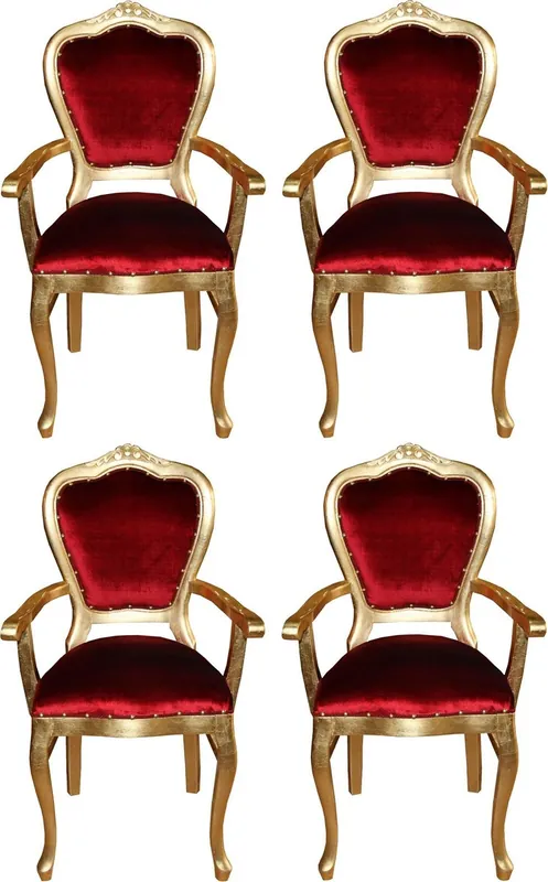 Wochenendangebot Casa Padrino Luxury Baroque Dining Set Bordeaux Red / Gold 60 x 47 x H. 99 cm - 4 Handmade Dining Chairs with Armrests - Baroque Dining Room Furniture