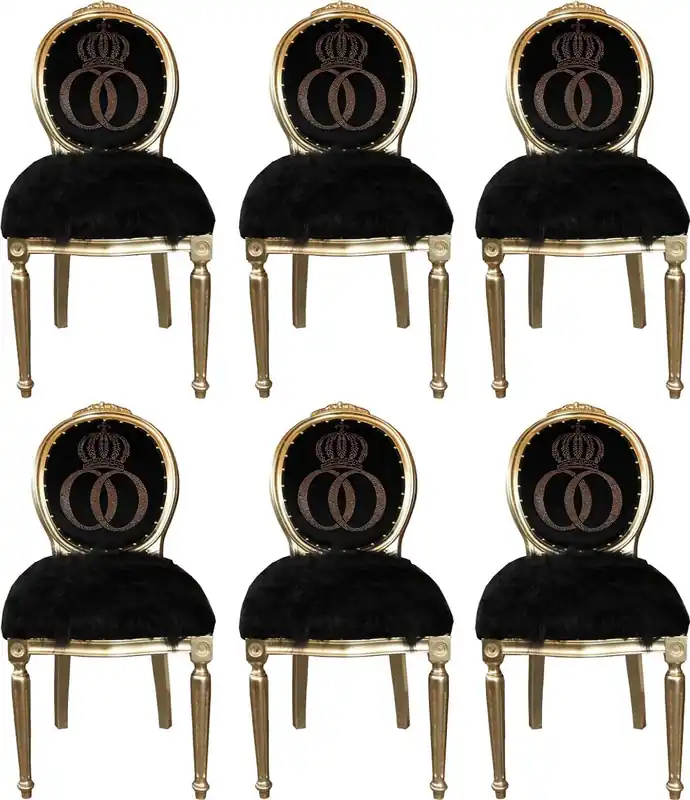Pompöös by Casa Padrino Luxury Baroque Dining Chairs Faux Fur Black / Gold Crown with Rhinestones 50 x 60 x H. 104 cm - Pompöös Baroque Chairs Designed by Harald Glööckler - 6 Dining Chairs Direkt Vom Hersteller