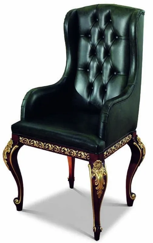 Casa Padrino Luxus Barock Leder Esszimmer Stuhl mit Armlehnen Dunkelgrün / Dunkelbraun / Gold - Made in Italy Sale