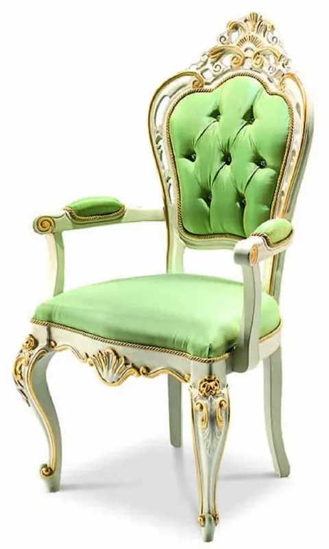 Casa Padrino Luxus Barock Esszimmer Stuhl mit Armlehnen Grün / Weiß / Gold - Made in Italy Günstig