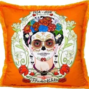 Preisreduziert Frida Kahlo by Casa Padrino Luxus Deko Kissen mit Strass Steinen Orange / Bunt