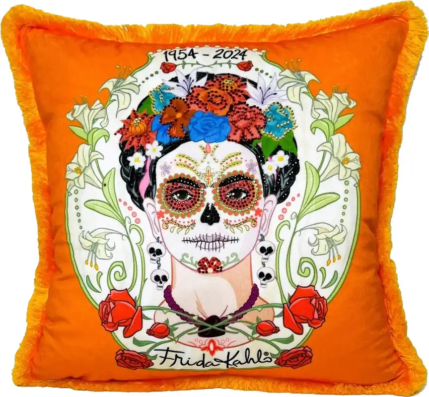 Preisreduziert Frida Kahlo by Casa Padrino Luxus Deko Kissen mit Strass Steinen Orange / Bunt