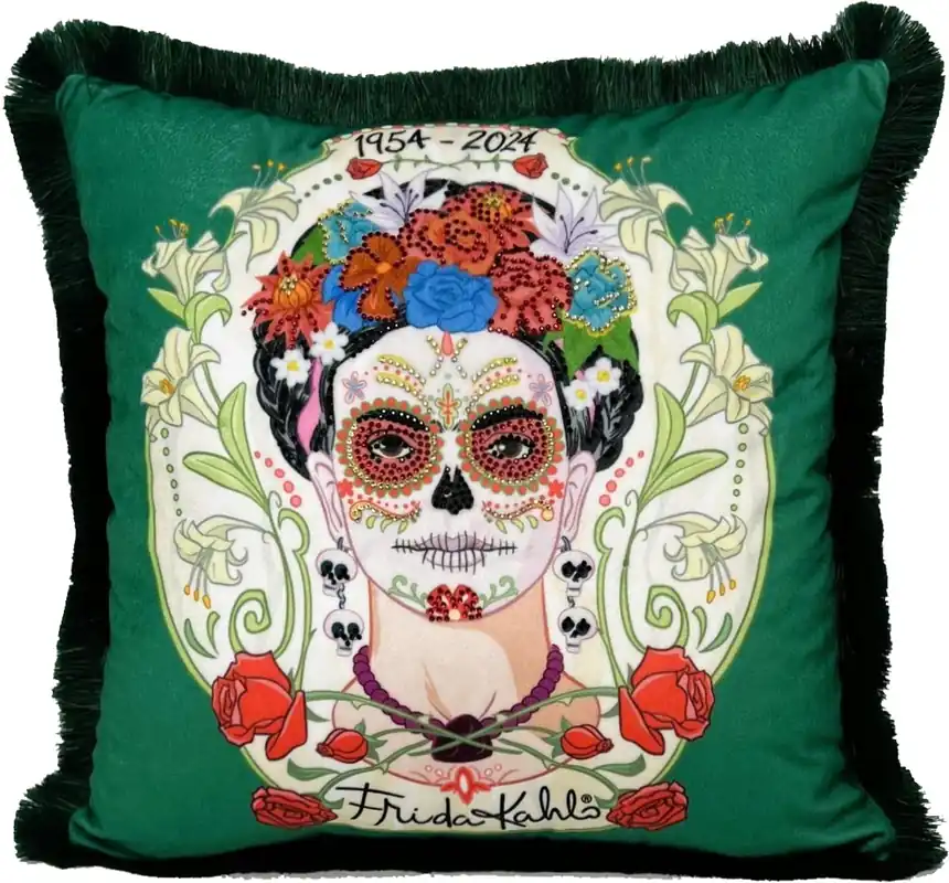 Jetzt Bestellen Frida Kahlo by Casa Padrino Luxus Deko Kissen mit Strass Steinen Grün / Bunt