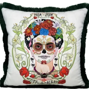 Markenware Frida Kahlo by Casa Padrino Luxus Deko Kissen mit Strass Steinen Weiß / Bunt