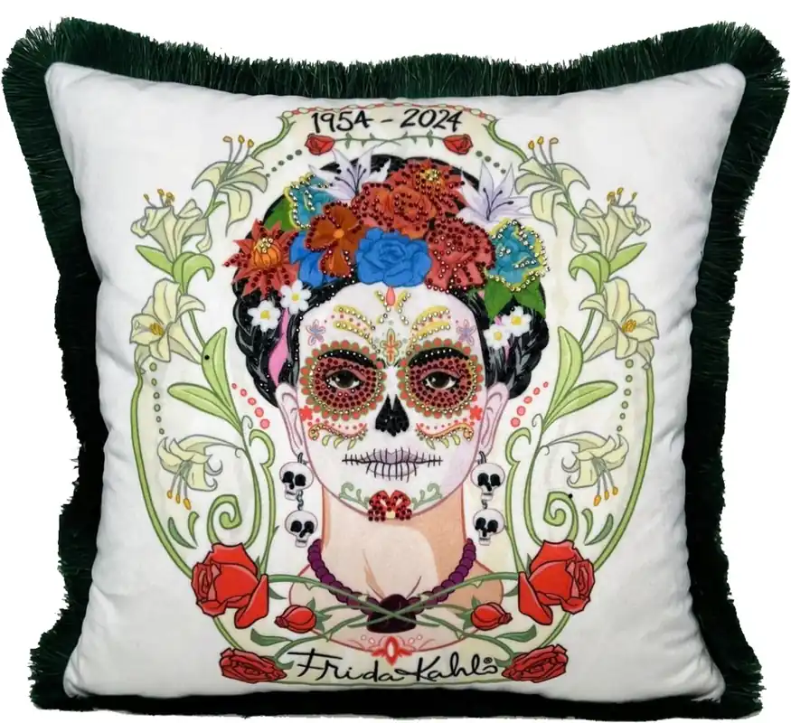 Markenware Frida Kahlo by Casa Padrino Luxus Deko Kissen mit Strass Steinen Weiß / Bunt