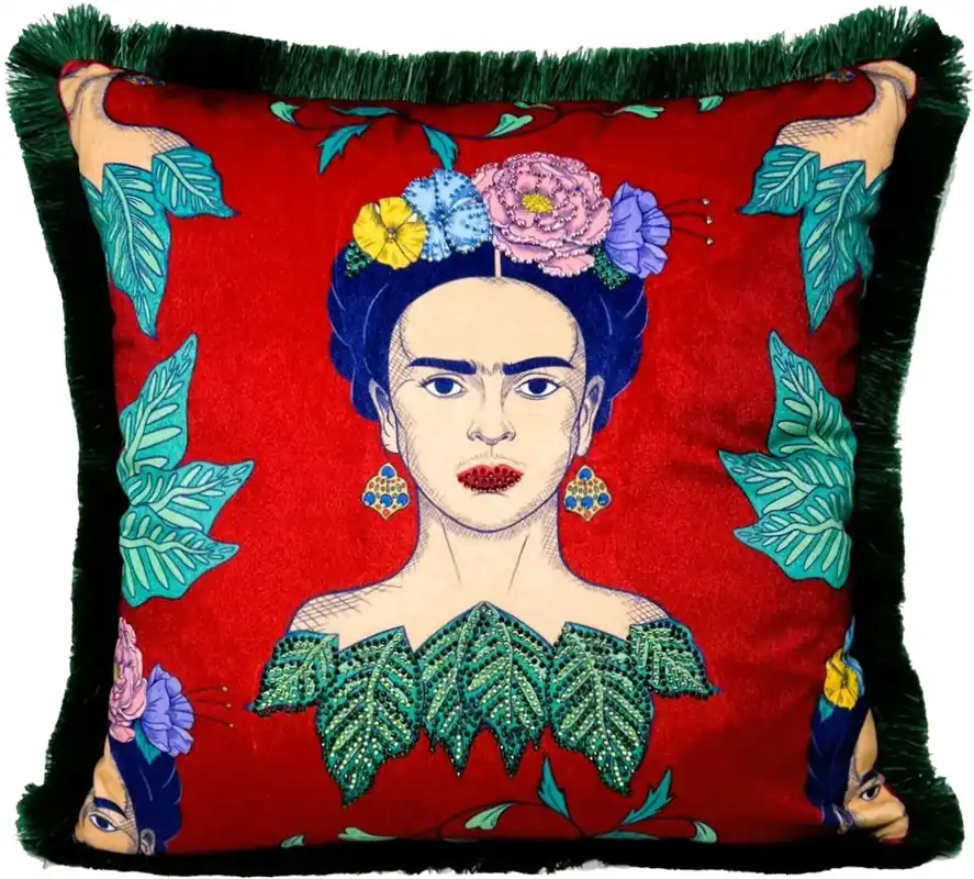 Letzte Chance Frida Kahlo by Casa Padrino Luxus Deko Kissen mit Strass Steinen Rot / Bunt