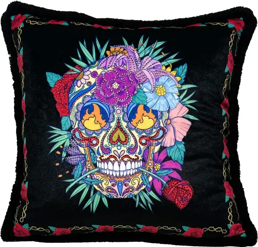 Preis Gesenkt Frida Kahlo by Casa Padrino Luxus Deko Kissen mit Strass Steinen Schwarz / Bunt