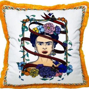 Frida Kahlo by Casa Padrino Luxus Deko Kissen mit Strass Steinen Weiß / Bunt / Orange Top-Angebot