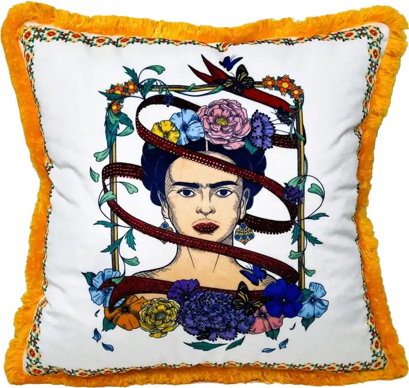 Frida Kahlo by Casa Padrino Luxus Deko Kissen mit Strass Steinen Weiß / Bunt / Orange Top-Angebot
