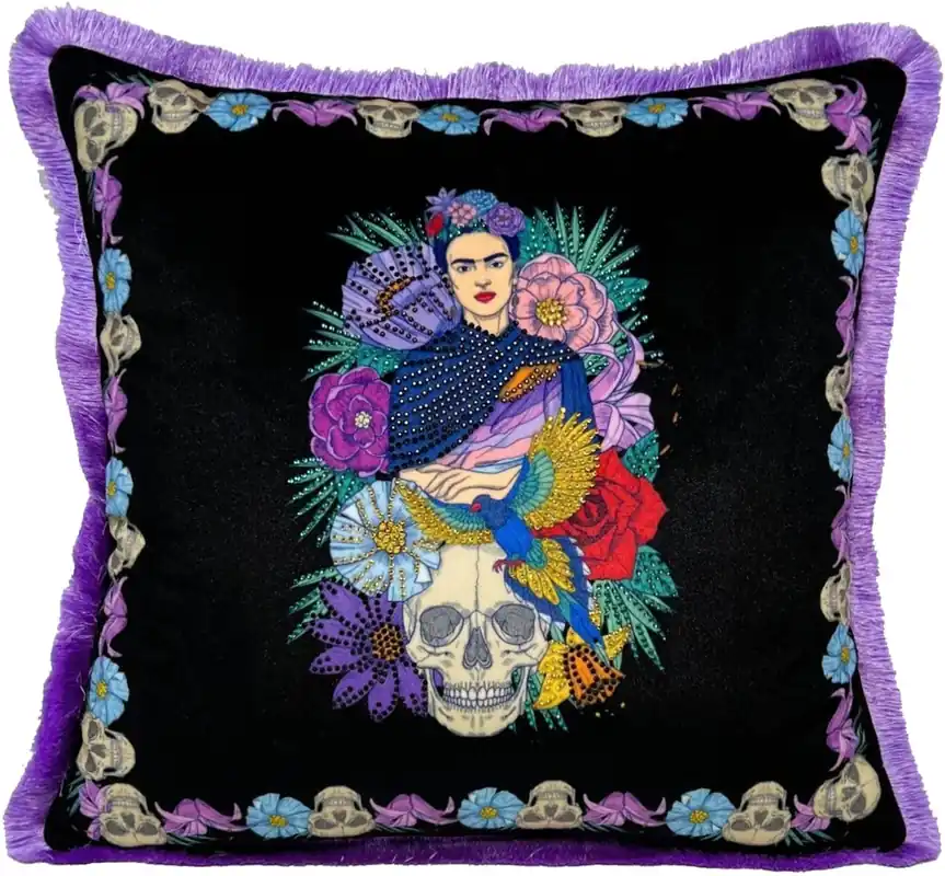 Frida Kahlo by Casa Padrino Luxus Deko Kissen mit Strass Steinen Bunt / Schwarz / Lila Garantierte Lieferung