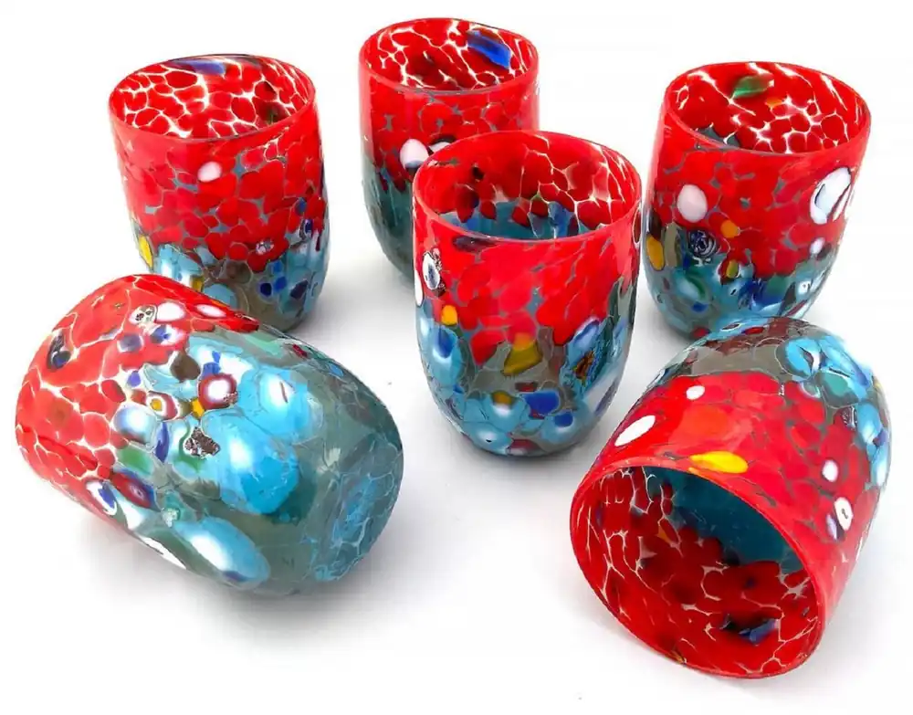 Ausverkauf Casa Padrino Luxus Murano Kristallglas Wasserglas 6er Set Rot / Türkis Ø 8 x H. 10,5 cm - Made in Italy