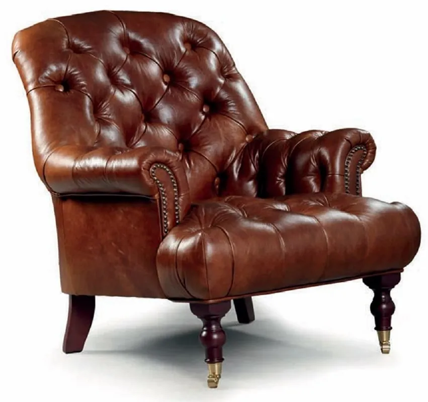 Bestpreis Casa Padrino Luxus Chesterfield Echtleder Sessel Braun / Messing H. 89 cm
