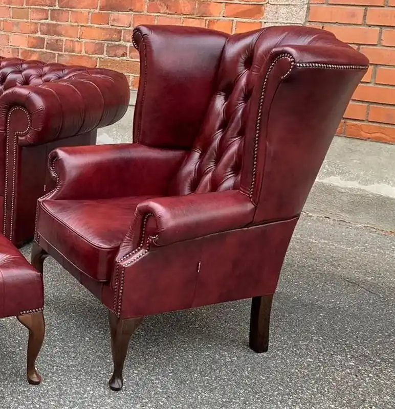 Casa Padrino Luxus Chesterfield Leder Ohrensessel Bordeauxrot / Braun Beliebt
