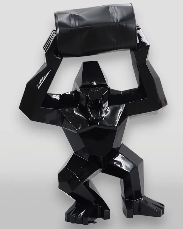 Casa Padrino XXL Deko Skulptur Gorilla mit Fass Schwarz H. 140 cm Abverkauf