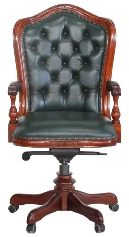 Casa Padrino Luxus Barock Chesterfield Echtleder Schreibtischstuhl Dunkelgrün / Braun H. 123 cm - Barock Büro Möbel Ausverkauf