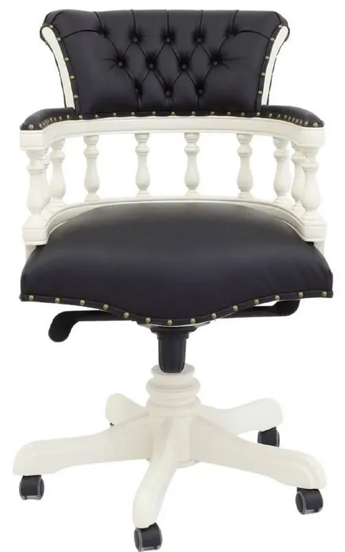 Casa Padrino Luxus Barock Chesterfield Echtleder Schreibtischstuhl Schwarz / Weiß H. 107 cm - Barock Büro Möbel Garantierte Lieferung