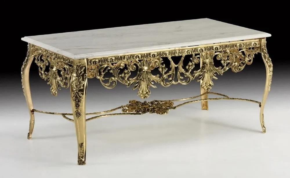 Casa Padrino Luxus Barock Couchtisch mit Marmorplatte Gold / Weiß 118 cm - Barock Wohnzimmer Möbel Top-Preis
