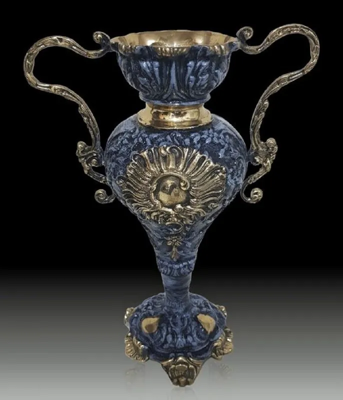 Casa Padrino Luxus Barock Vase Blau / Gold 30 x H. 38 cm - Handgefertigte Barockstil Blumenvase Bestpreis