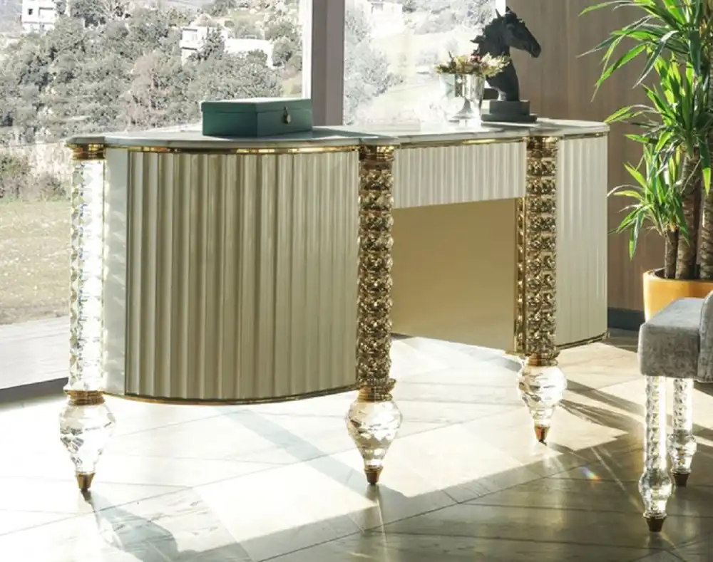 Casa Padrino Luxus Art Deco Schminkkommode Weiß / Gold 188 cm - Luxus Art Deco Schlafzimmer Möbel Bestseller