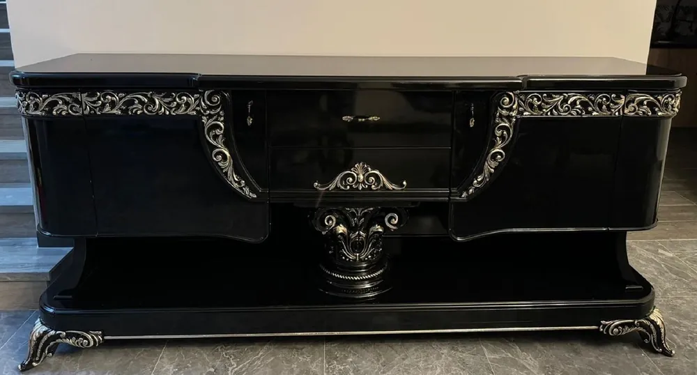 Casa Padrino Luxus Barock Sideboard Schwarz / Silber 230 cm - Barock Möbel Nur Für Kurze Zeit