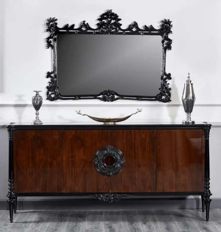 Casa Padrino Luxus Barock Sideboard mit Wandspiegel Schwarz / Dunkelbraun - Barock Möbel Expressversand