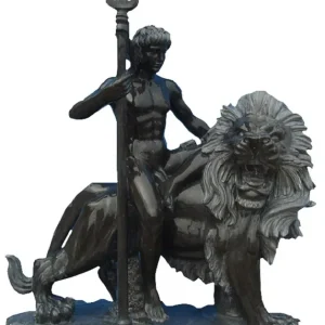 Abverkauf Casa Padrino Antik Stil Marmor Skulptur Mann auf Löwe Links Schwarz / Grau H. 100 cm - Garten Deko