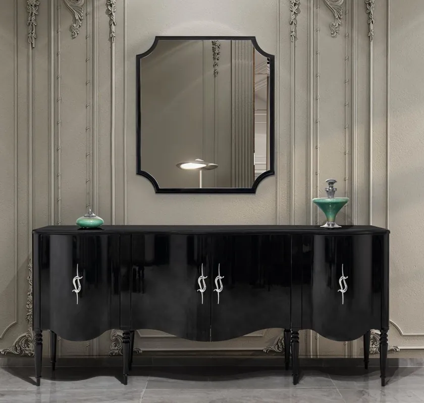 Casa Padrino Luxus Barock Sideboard mit Wandspiegel Schwarz / Silber - Barock Möbel Schnäppchen