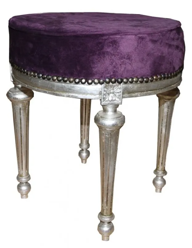 Casa Padrino Baroque Foot Stool / Round Stool Purple / Silver Geprüft