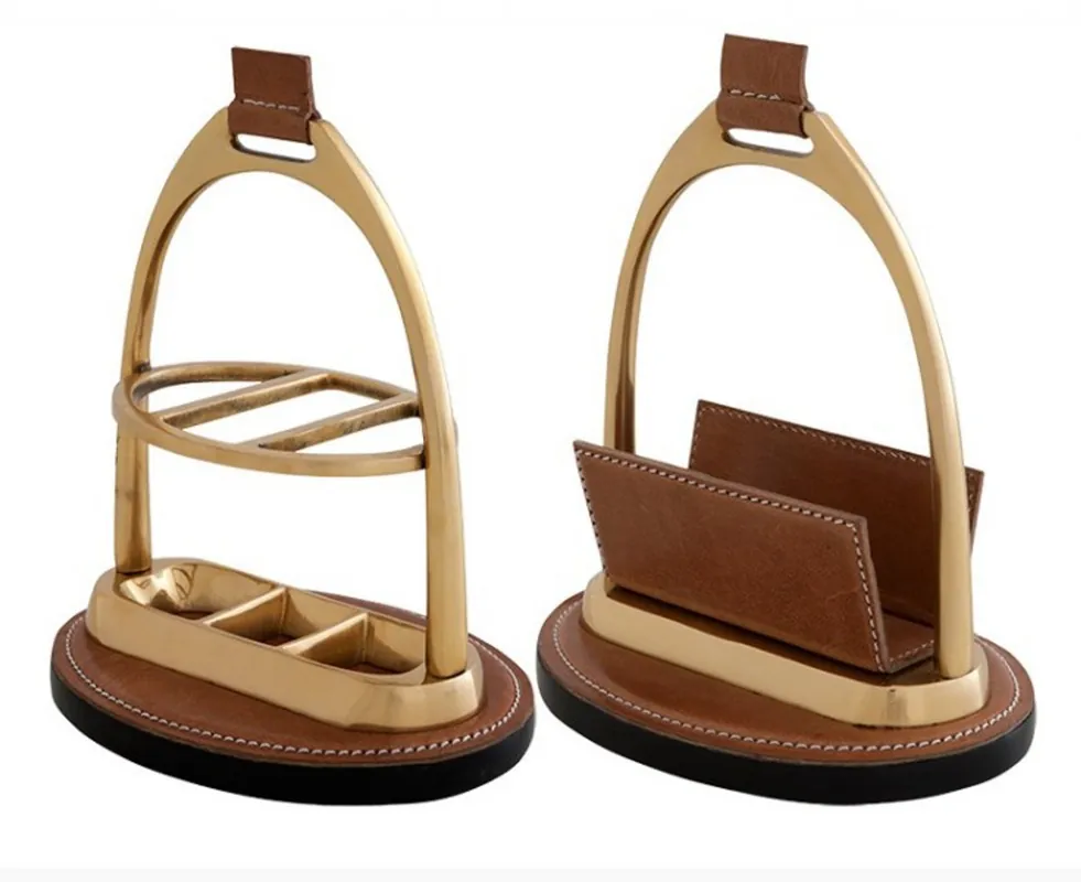 Casa Padrino Luxury Desk Set: Letter Rack and Kuliständer from brown genuine leather Pen stand - Card Stands Neuheit