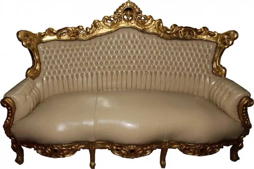 Heißes Angebot Casa Padrino Baroque master cream 3 seater leather look / Gold - Antique Style Furniture
