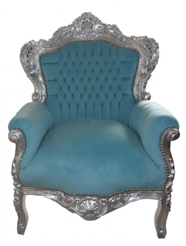 Baroque Armchair "King" Blue / silver antique style furniture Markenware