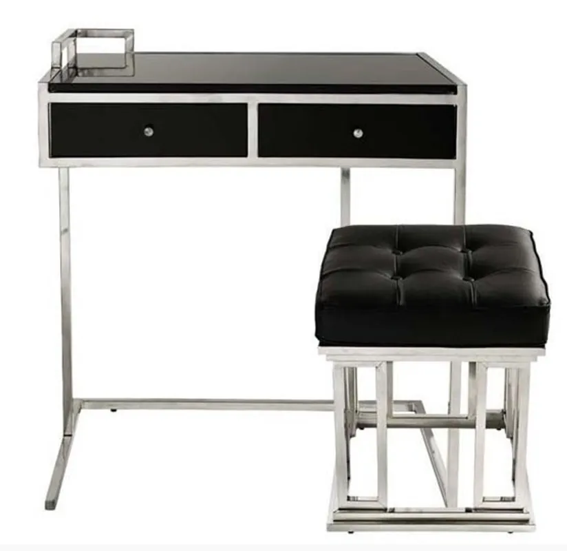 Casa Padrino console table with drawers Black / Silver, including leather stools Manhattan - Console Table - Console Secretary - Telephone table Preiswert