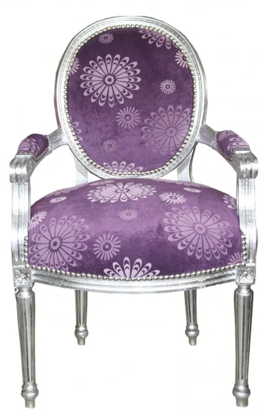 Casa Padrino Baroque Salon Chair Purple Flowers pattern/ Silver Mod2 round Top-Angebot