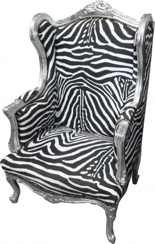 Casa Padrino Baroque Lounge throne Zebra / Silver - wing chairs - wingback chair Tron chair Begrenztes Angebot